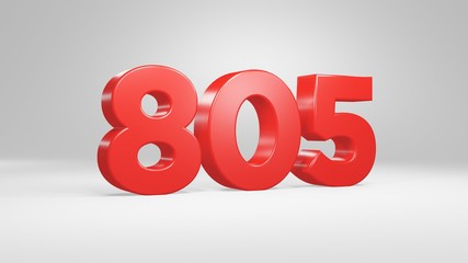 Number 805 in red on white background, isolated glossy number 3d render