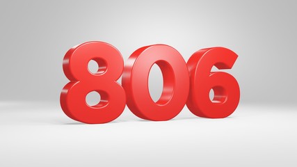 Number 806 in red on white background, isolated glossy number 3d render