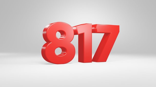 Number 817 in red on white background, isolated glossy number 3d render