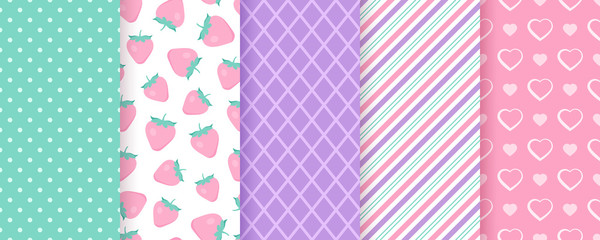 Scrapbook seamless pattern. Vector. Cute background for scrap design. Chic print with polka dot, strawberry, rhombus, stripes and hearts. Trendy texture. Color illustration. Geometric paper pack.