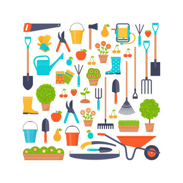 Garden tools. Vector. Gardening instruments. Horticulture set. Icons isolated on white background. Cartoon flat illustration for print, greeting card, banner stylized in square concept.
