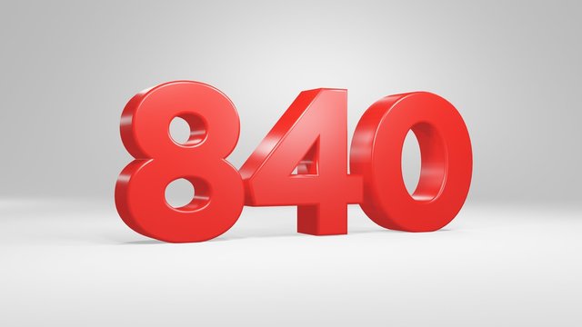 Number 840 in red on white background, isolated glossy number 3d render