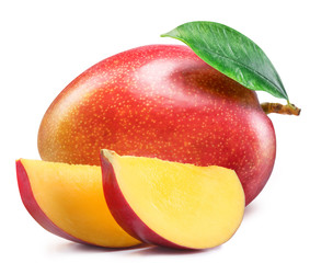 Mango fruit with mango slices. Isolated on a white background. File contains clipping path.