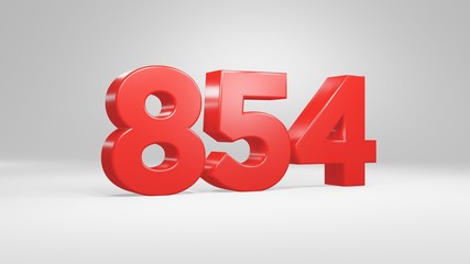 Number 854 in red on white background, isolated glossy number 3d render