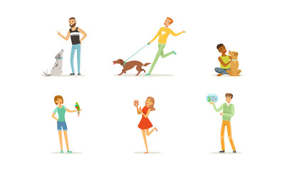People with Their Pets, Men and Women Characters Training and Playing their Pet Animals, Turtle, Dog, Cat, Aquarium Fishes, Hamster Vector Illustration