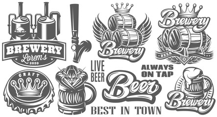 Set of vector monochrome patterns on the theme of beer and brewing
