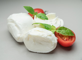 Traditional Italian mozzarella cheese with herbs and tomatoes on gray background.