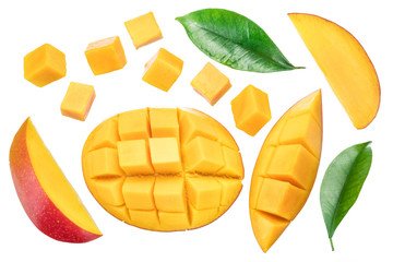 Set of mango cubes and mango slices isolated on a white background. - obrazy, fototapety, plakaty