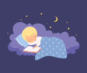 Cute Little Boy Sleeping on a Cloud under the Blanket with Open Book Vector Illustration