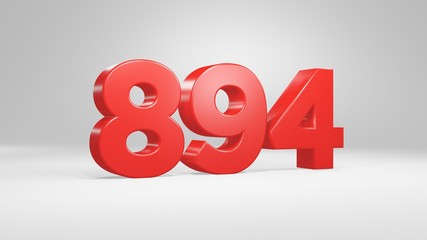 Number 894 in red on white background, isolated glossy number 3d render