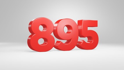 Number 895 in red on white background, isolated glossy number 3d render