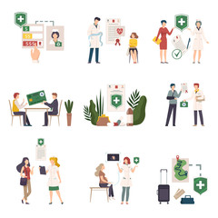 Health Insurance and People Gaining It Vector Illustrations Set