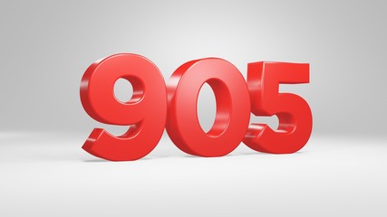 Number 905 in red on white background, isolated glossy number 3d render