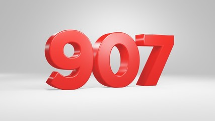 Number 907 in red on white background, isolated glossy number 3d render