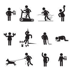 Overweight people exercising and losing weight icon set. People stick icons set. Vector.