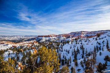Panoramic shot of Bryce Canyon National Park during winter covered with snow