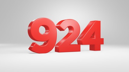 Number 924 in red on white background, isolated glossy number 3d render
