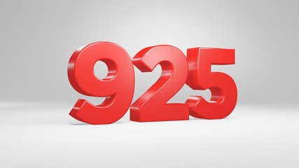 Number 925 in red on white background, isolated glossy number 3d render