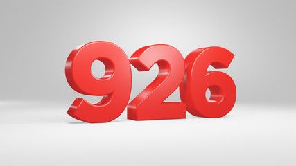 Number 926 in red on white background, isolated glossy number 3d render