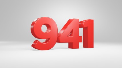 Number 941 in red on white background, isolated glossy number 3d render