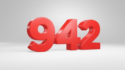 Number 942 in red on white background, isolated glossy number 3d render