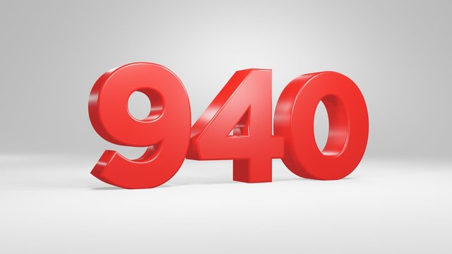 Number 940 in red on white background, isolated glossy number 3d render