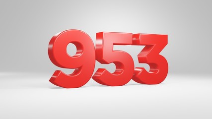 Number 953 in red on white background, isolated glossy number 3d render