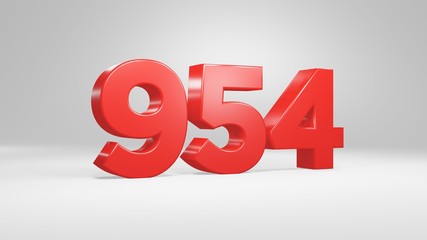 Number 954 in red on white background, isolated glossy number 3d render