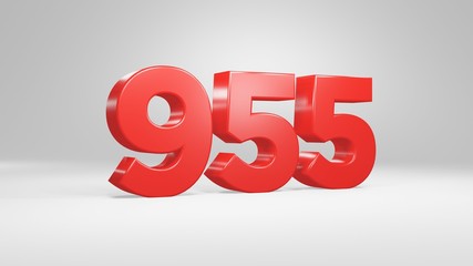 Number 955 in red on white background, isolated glossy number 3d render