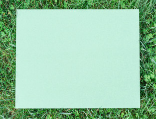 Green paper blank on the green grass. Green grass as a frame.