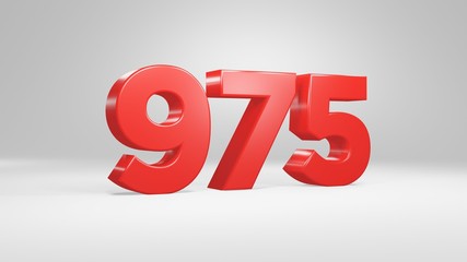 Number 975 in red on white background, isolated glossy number 3d render