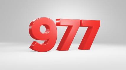 Number 977 in red on white background, isolated glossy number 3d render