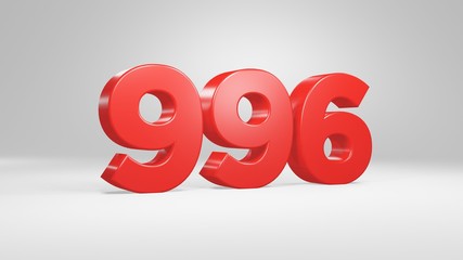 Number 996 in red on white background, isolated glossy number 3d render