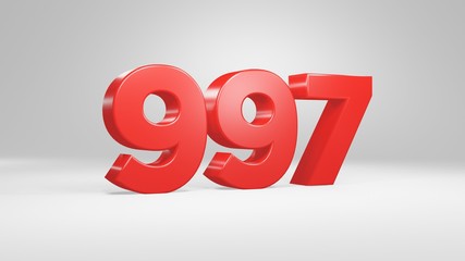 Number 997 in red on white background, isolated glossy number 3d render