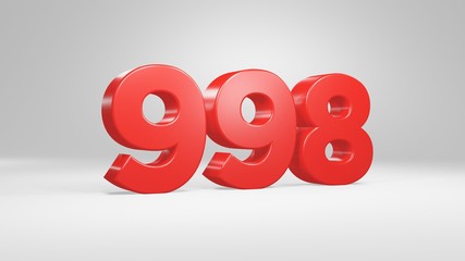 Number 998 in red on white background, isolated glossy number 3d render