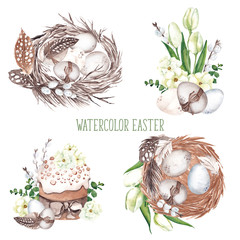 Watercolor easter illustration with hand draw bunny, cake, eggs, spring flowers and leaves, branches of willow and feathers