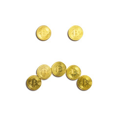 the disappointed face figure laid out of bitcoin coins and isolated on white background