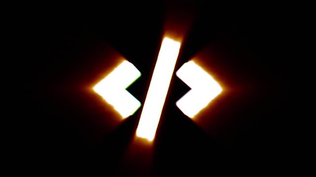 Shiny fire code icon fly in center flickers with rgb spectrum colors and flies away with light trail. Super bright white symbol in motion isolated on black background. 4k 60 fps footage.