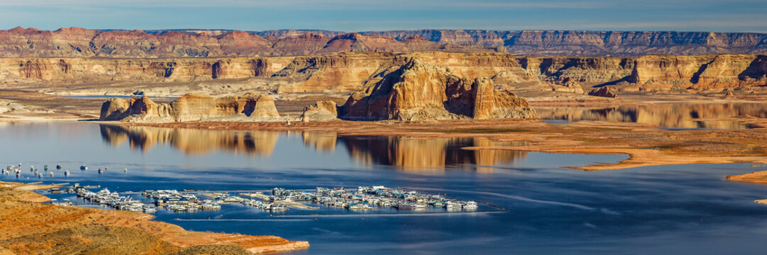 Wahweap marina located at the southern end of Lake Powell in Arizona, seen from the Wahweap Overlook in Page, Arizona USA
