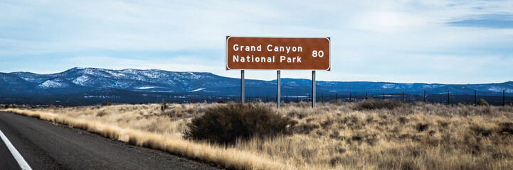Grand Canyon National Park road sign in Arizona, US