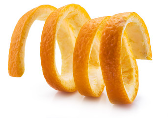 Orange peel or orange twist on white background. Close-up.