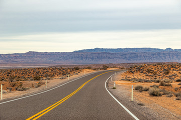 Fototapeta na wymiar Panoramic shot of an empty road and the arid desert of Valley of Fire State Park, USA