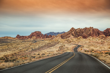 Empty desert road in Valley of Fire State Park, USA