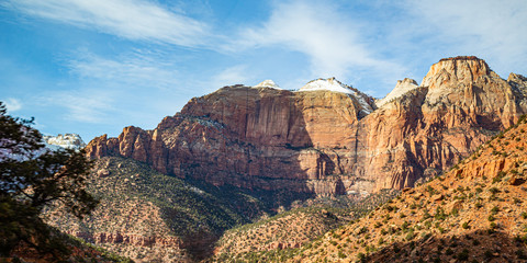 Panoramic shot of the snowy moutains of Zion National Park, an American national park located in southwestern Utah near the town of Springdale