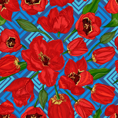 Greeting seamless background with Spring flower tulips bouquet in red and green colors. Horizontal seamless pattern