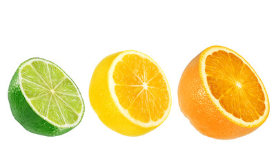 green fresh lime, yellow lemon and orange half isolated on the white background