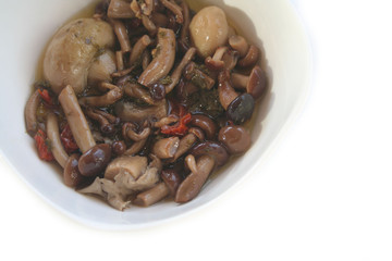 Various type of mushrooms in oil on a white bowl isolated on white background
