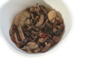 Various type of mushrooms in oil on a white bowl isolated on white background