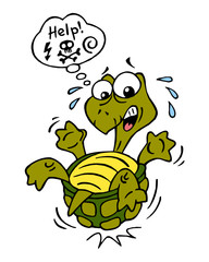 Turtle lies on carapace and can't stand up, screaming for help in comic bubble, color cartoon