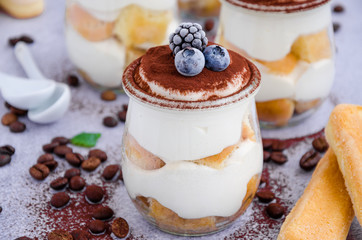 Gourmet Italian tiramisu dessert in a glass sprinkled with cocoa and decorated frozen berries. Horizontal orientation. Close up